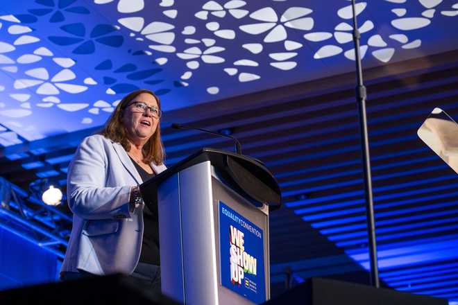 IMAGE DISTRIBUTED FOR HUMAN RIGHTS CAMPAIGN – Texas State Rep. Julie Johnson, D-Dallas, speaks at the Human Rights Campaign Equality Convention on Friday, Sept. 6, 2024 in Washington. (Kevin Wolf/AP Content Services for Human Rights Campaign)