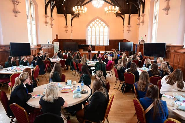 Students from Lumen Christi College, Sperrin Integrated College, St. Cecilia's, Londonderry, Saint Kevin's College, New-Bridge Integrated College, Ballycastle High School and Cross and Passion College attend an event exploring careers in entrepreneurship at Ulster University in Londonderry