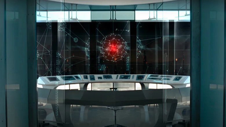 A red ball forms the center of Skynet in front of a control bay in Terminator Salvation