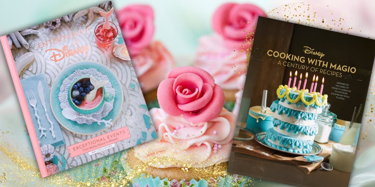 Two enchanting Disney-themed cookbooks grace the display. One boasts a pink cover with elegant tableware titled 