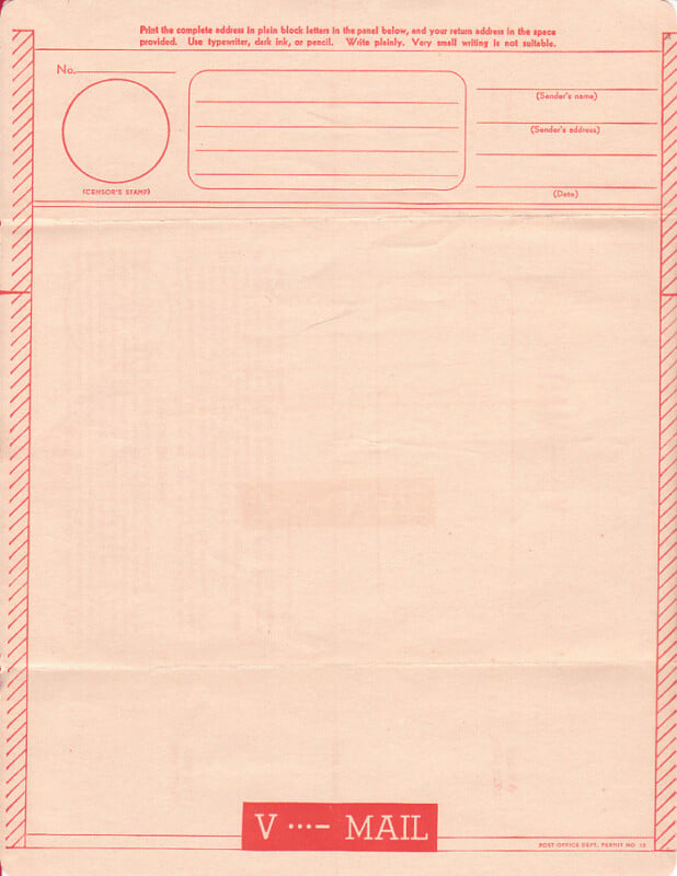 Blank vintage V-mail stationery with red lines and text. It includes sections for a sender's address, addressee's details, date, and a space for a censor's stamp. The design features red diagonal lines bordering the page.