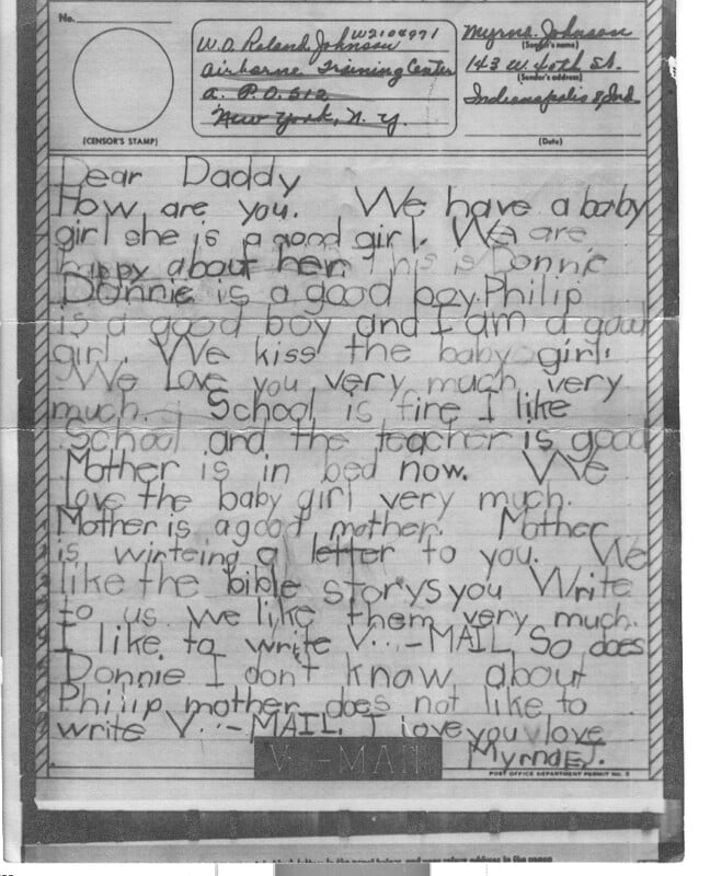 A child's handwritten letter to their father talks about family life, mentions their baby sister, school, and Bible reading. The letter includes a hand-drawn heart and the words 