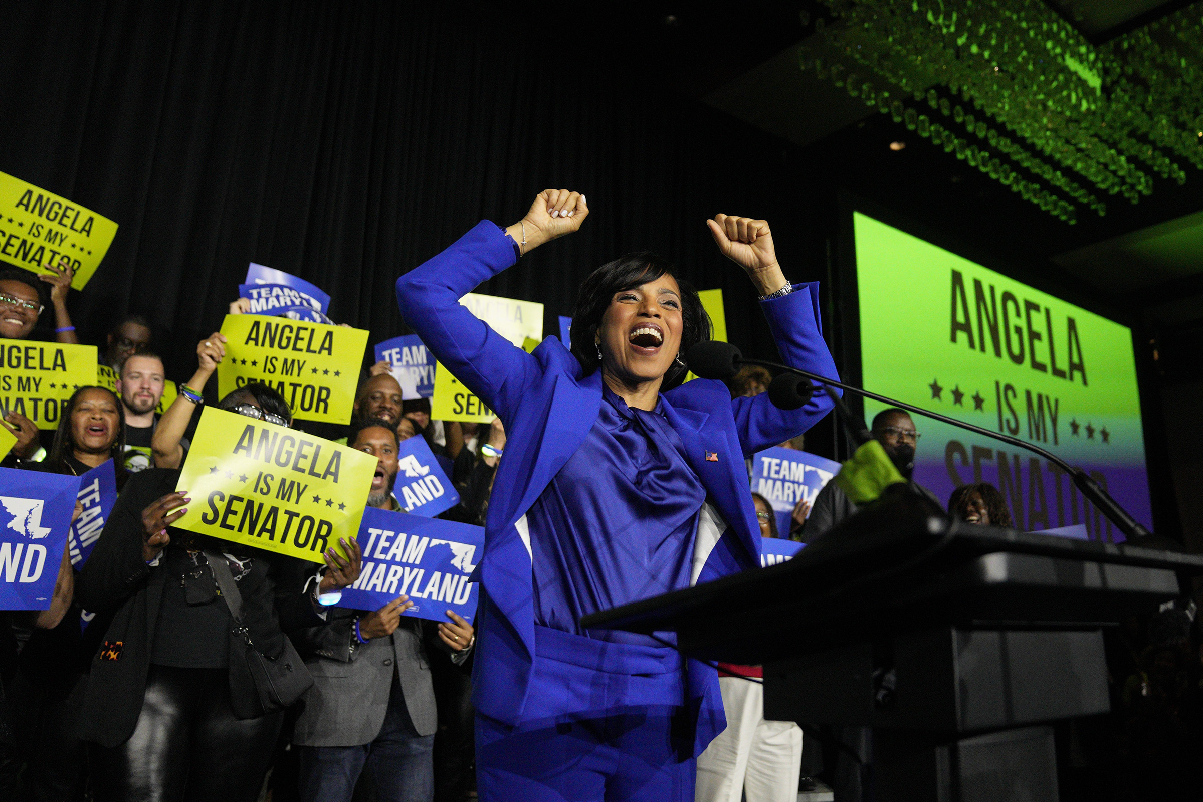 Democratic Maryland Senate candidate Angela Alsobrooks cheers during an election night watch party in College Park, Md., on Nov. 5, 2024.