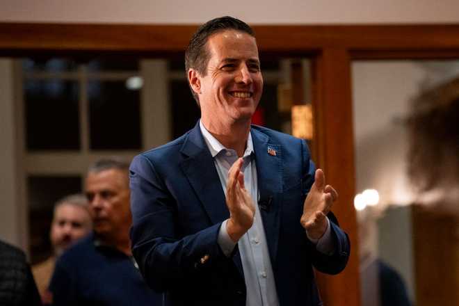 BRECKSVILLE, OHIO - NOVEMBER 4: Republican nominee for U.S. Senate Bernie Moreno arrives to address supporters at Brecksville Community Center on November 4, 2024 in Brecksville, Ohio. Moreno is making the final stops of his campaign before Election Day tomorrow. (Photo by Stephen Maturen/Getty Images)