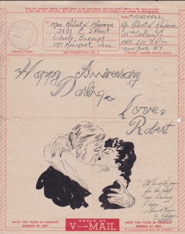 A vintage V-Mail letter with handwritten note saying 