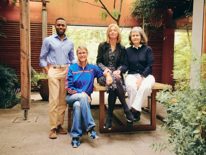 Fiona Golfar (seated centre left) with, from left, clinical psychologist Troy Chase, Maggie’s CEO Dame Laura Lee, and Maggie’s co-founder Marcia Blakenham