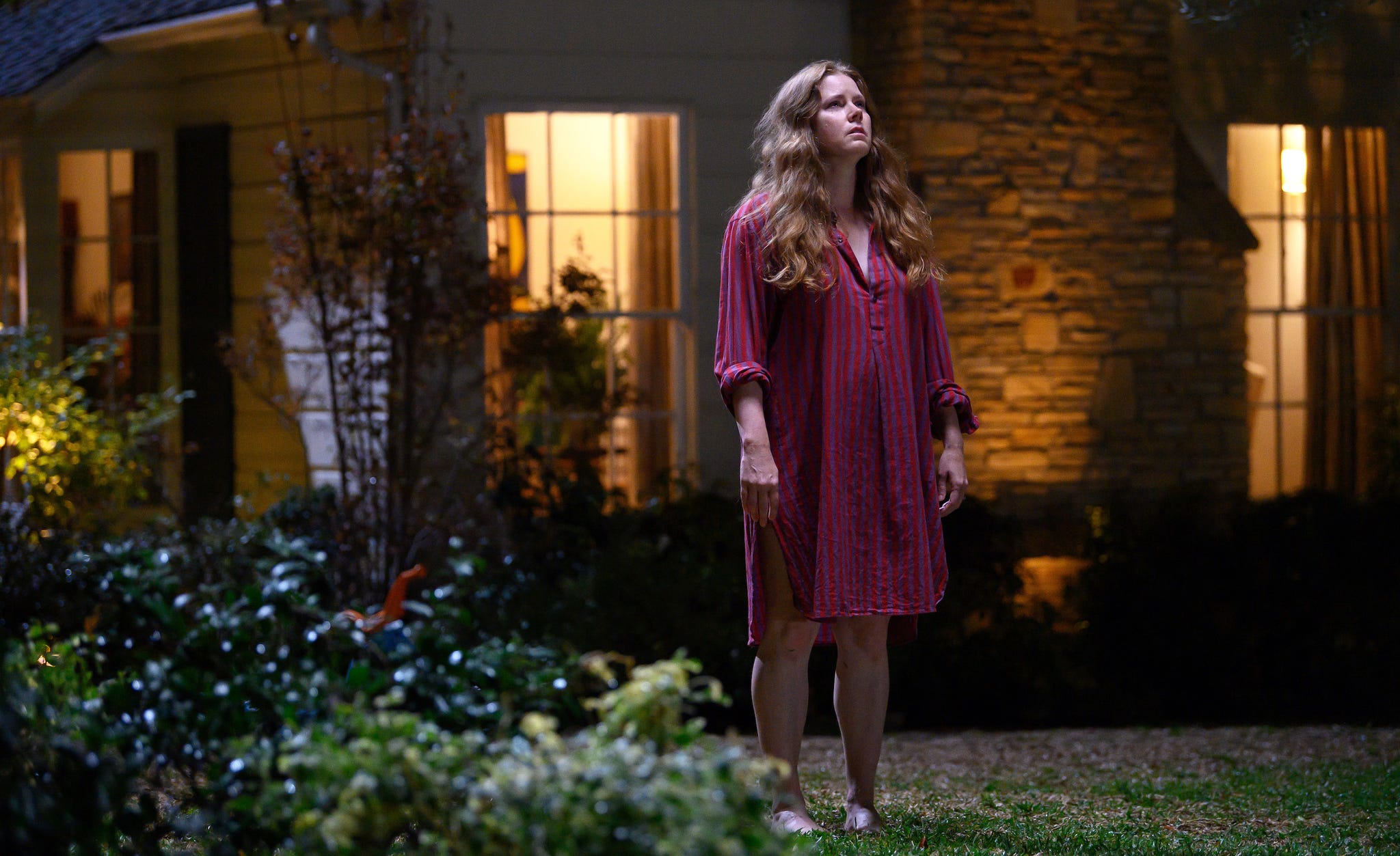 amy adams in nightbitch, a woman stands in a nightdress outside a house at night and looks up to the sky