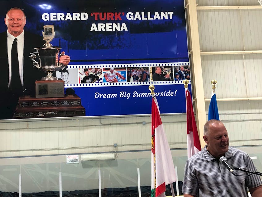 Gerard (Turk) Gallant looks towards his family while speaking at Credit Union Place in Summerside in August 2022. A new book by Fred MacDonald highlights Gallant's journey from Summerside, P.E.I., to the National Hockey League. - Jason Simmonds/Guardian file