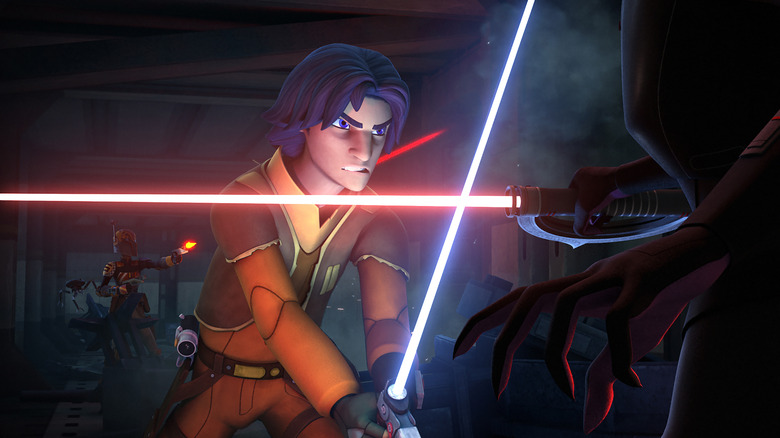 Ezra Bridger fighting an Inquisitor in Star Wars Rebels