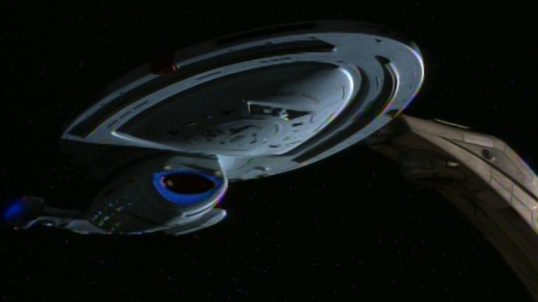 The U.S.S. Voyager docked at Deep Space Nine.