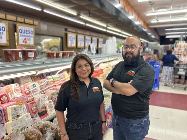 Luz Maribel Jiménez and her brother, José Jiménez III, inside one of the Carnicería Jiménez grocery chain's eight stores. Credit: Courtesy of Luz Maribel Jiménez