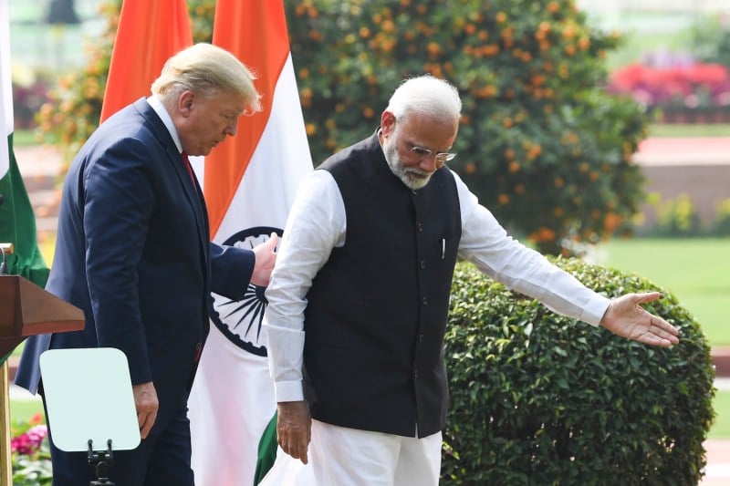 U.S. President Donald Trump and Indian Prime Minister Narendra Modi leave after a joint press conference in New Delhi on Feb. 25, 2020.