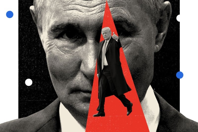 An illustration shows the large face of Vladimir Putin. A red wedge cuts across one of his eyes. Inside the wedge is a walking Donald Trump giving the thumbs up sign.