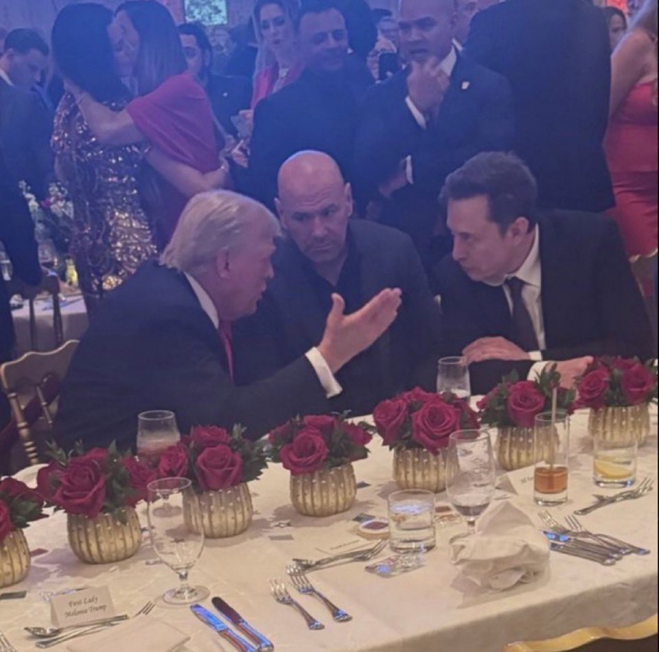 Trump speaking with Musk at the election watch party in Mar-a-Lago