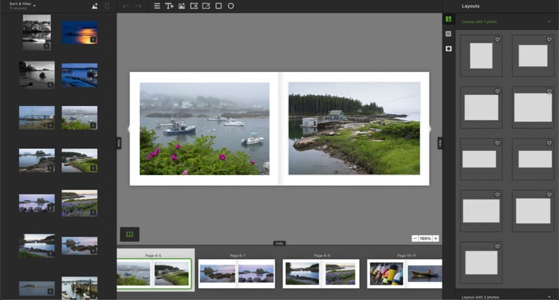 A digital photo editing interface displays a landscape layout of two scenic images side by side. The images show a foggy harbor with boats and a lush, green coastal scene. Various photo thumbnails are visible on the left toolbar.