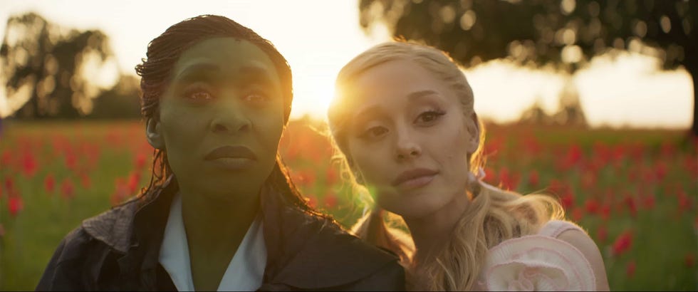 two individuals standing in a flower field during sunset