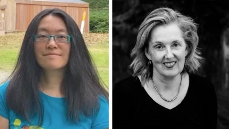 A picture of an Asian woman with blue glasses and a blue t-shirt. A black and white photo of  a white woman with blonde hair smiling.