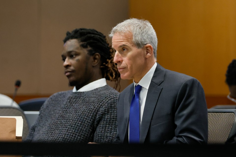 Young Thug, whose real name is Jeffery Lamar Williams, and his lawyer, Brian Steel, pictured in the Fulton County Superior Court in Atlanta on June 10, 2024