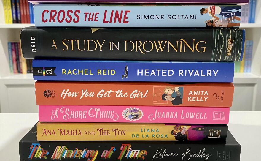 A stack of various romance books are seen in this undated photo from Meet Cute Romance Bookshop.