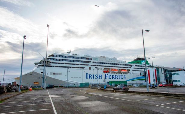 Irish Ferries' W.B. Yeats ferry is pictured moored to the quayside at Dublin Port in Dublin