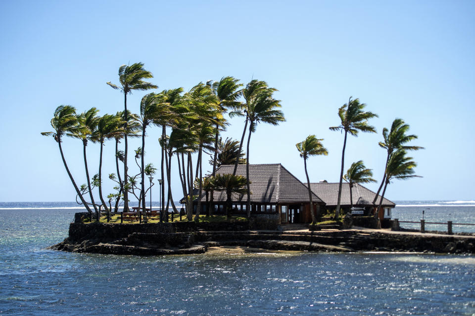 A building surrounded by palm trees on a small piece of land stretching out into the water.