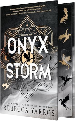 Onyx Storm fourth wing third book book cover with a grey background and dragons flying over clouds