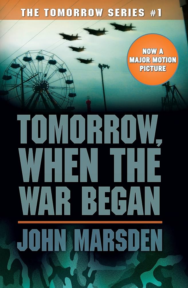 Book cover of Tomorrow When the War Began with dark sky and Ferris wheel silhouette and planes overhead.