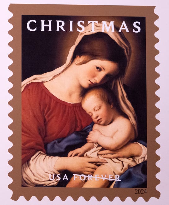 This Madonna and Child oil painting, from the 1600s, from the Workshop of Sassoferrato (Giovanni Batissta Salvi), has been chosen as one of the images included in the 2024 winter holidays’ collection of postage stamps at the United Postal Service.