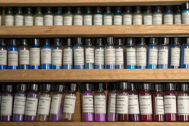 These are some of Senior Conservation Scientist Greg Smith’s collection of pigments, in his analytical lab Tuesday, Dec. 10, 2024 at the Indianapolis Museum of Art at Newfields. He has a full range of pigments, organic and inorganic, neolithic era to 2014. These run the gamut of colors available through the centuries.