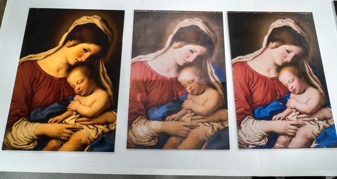 These images show three steps in the conservation of this Madonna and Child oil painting, from the 1600s, from the Workshop of Sassoferrato (Giovanni Batissta Salvi), Tuesday, Dec. 10, 2024 at the Indianapolis Museum of Art at Newfields. The first image shows the discoloration of the original state of the painting before conservation began. The second image shows when the varnish is removed. The third shows what the painting looked like before the conservator started inpainting.