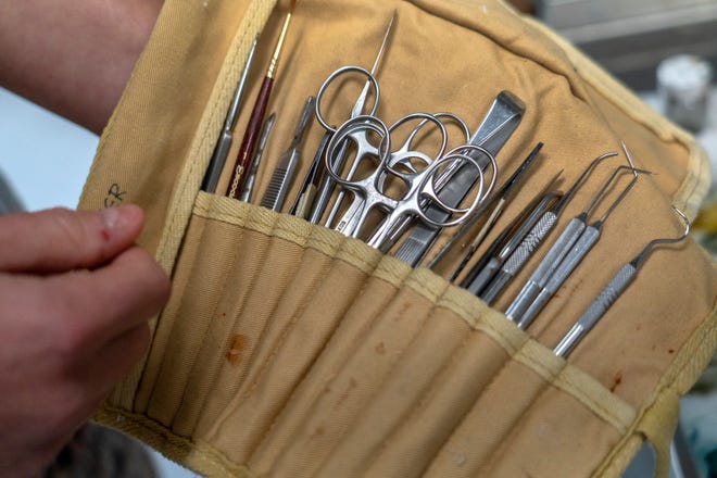 Clowes Conservator of Paintings Roxy Sperber shows some of the tools she uses when she does conservation work Tuesday, Dec. 10, 2024 at the Indianapolis Museum of Art at Newfields.