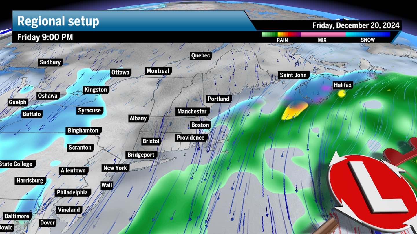 An offshore storm may bring some trailing snow or rain showers across coastal New England late Friday into Saturday.