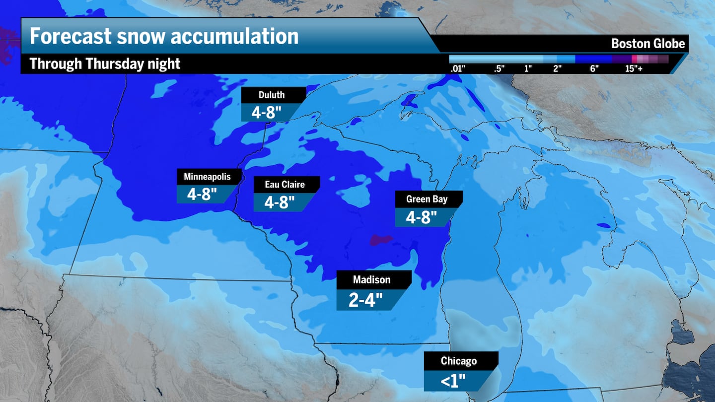 Forecast snowfall across the Midwest on Thursday.