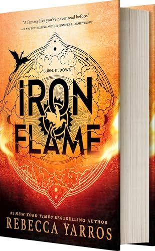 Iron Flame book cover with flames rising over a symbol of dragons and a black and gold backdrop