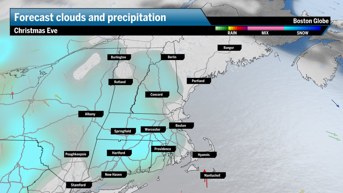 Some light snow or rain might work its way into New England later in the day on Christmas Eve.