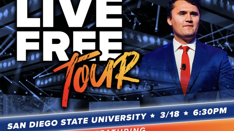 Charlie Kirk pictured in promotion of Turning Point USA event at San Diego State University.