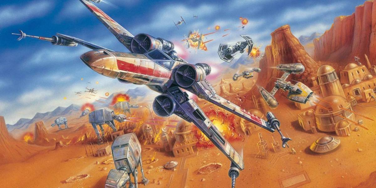 An X-Wing flying over a desert filled with AT-ATs