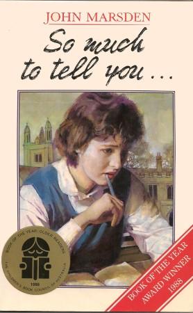 Book cover of So Much To Tell You with illustration of young girl holding pen to her mouth with open page in front of her.