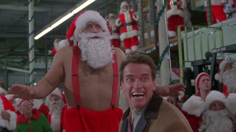 Arnold Schwarzenegger's Howard Langston in the middle of a fight with a big Santa Claus in Jingle All the Way