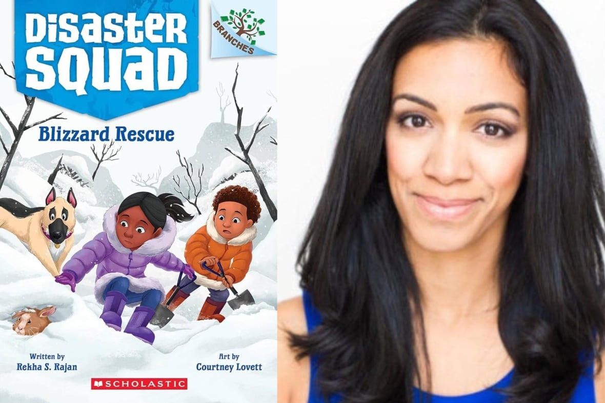 A composite image of a author with long dark hair and book cover that features two children digging through the snow. 