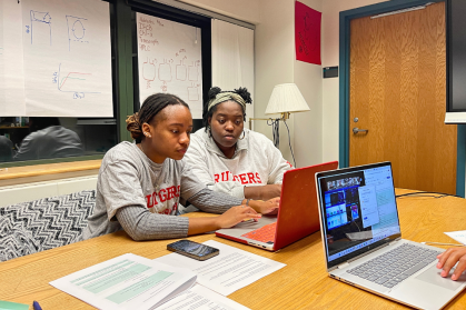 Department of Marine and Coastal Sciences graduate students Mya Sharpe and Leah Hopson answer students’ questions in the webinar chat. 