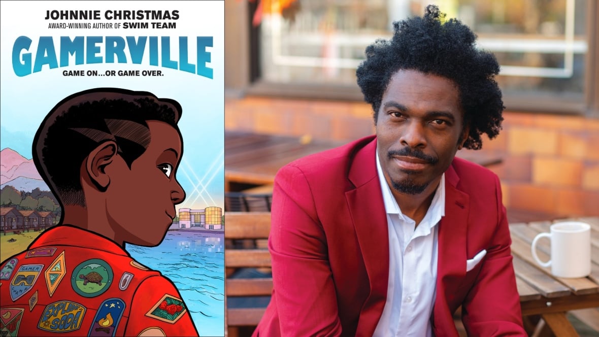 Gamerville by Johnnie Christmas. Illustrated book cover shows a young Black teen in a red jacket with many patches, looking out at a body of water. Headshot of a Black male author in a red blazer. 