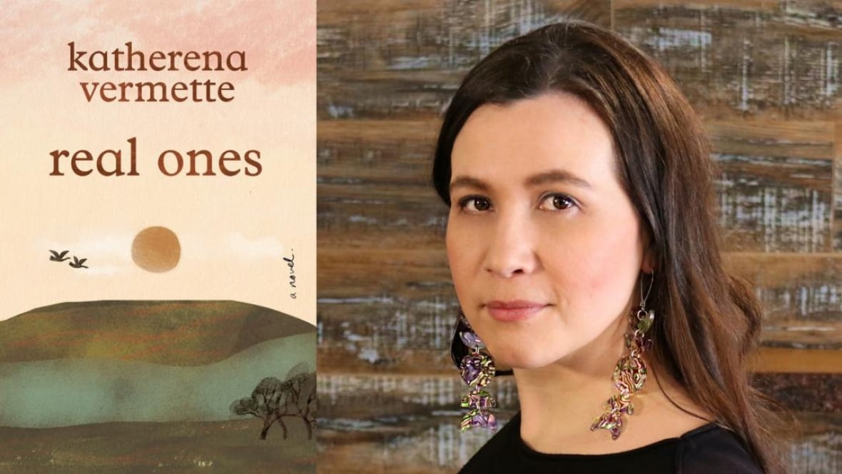 A book cover of a landscape with the river and the sun in the sky. A woman with dark brown hair and dangly purple earrings. 