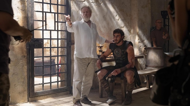 Ridley Scott directing Paul Mescal in a scene for Gladiator II