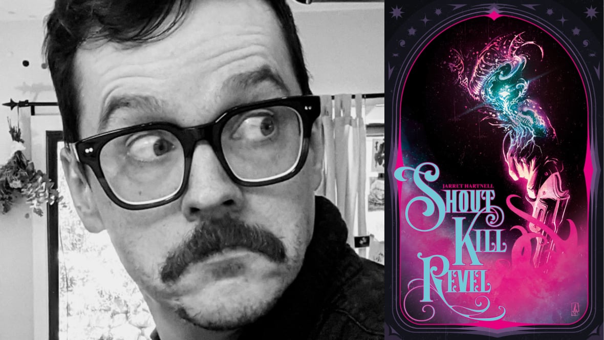 A composite image of a black and white portrait of a white man with glasses and a moustache and a blue and pink graphic novel cover.