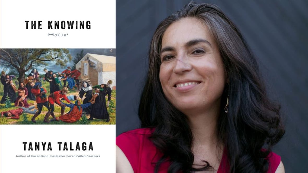 A book cover of a colourful picture of church women and soldiers attacking an Indigenous community. A woman with black-grey hair smiles. 