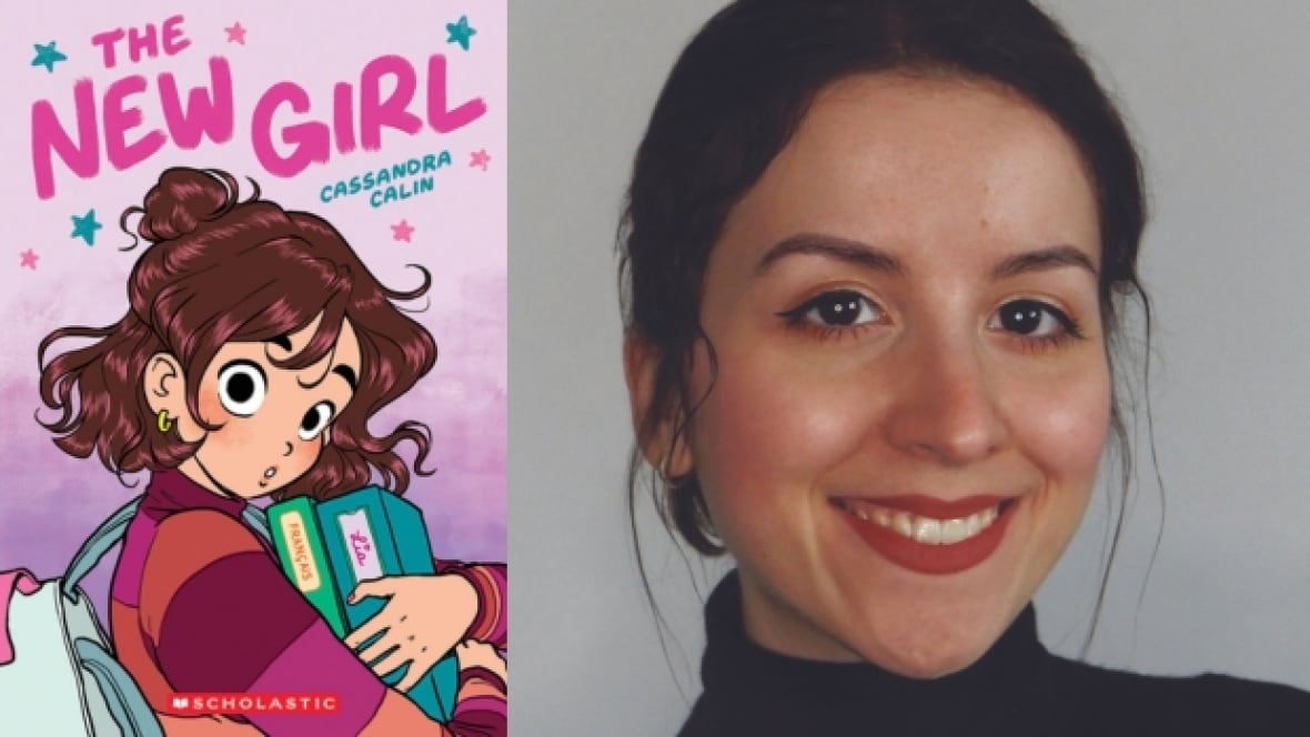 The New Girl by Cassandra Calin. Illustrated book cover shows a teenage white girl with short brown curly hair holding two binders and carrying a backpack. Headshot of a Romanian woman author in a black turtleneck sweater.