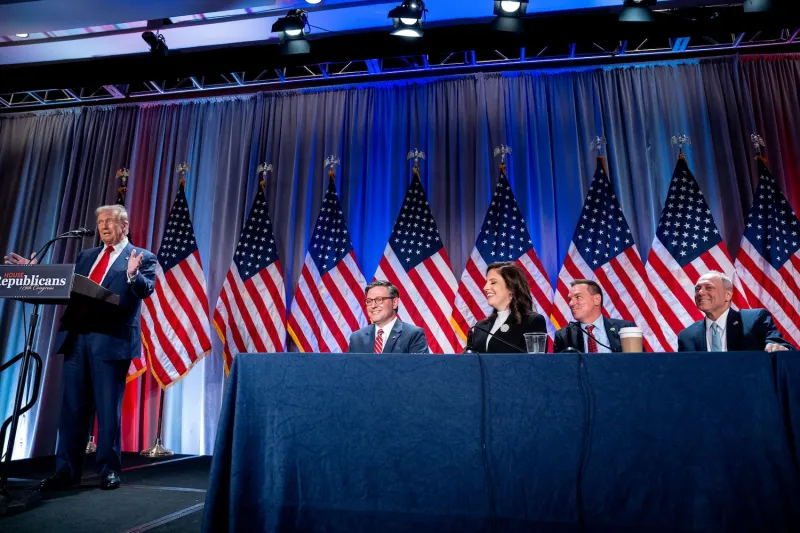 Donald Trump, accompanied by U.S. Speaker of the House Mike Johnson (R-LA), House Republican Conference Chair Rep. Elise Stefanik (R-NY), Chair of the National Republican Congressional Committee Rep. Richard Hudson (R-NC), and U.S. House Majority Leader Rep. Steve Scalise (R-LA), speaks at a House Republicans Conference meeting in Washington on Nov. 13.