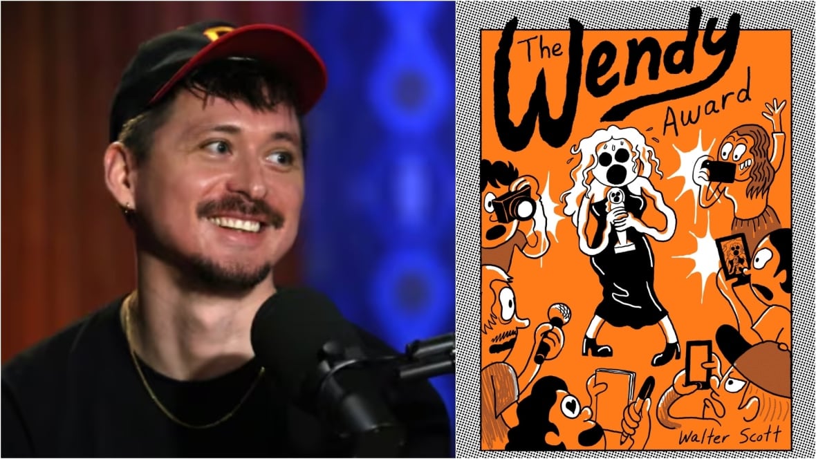 Headshot of Walter Scott sitting in front of a studio microphone; book cover for The Wendy Award. 