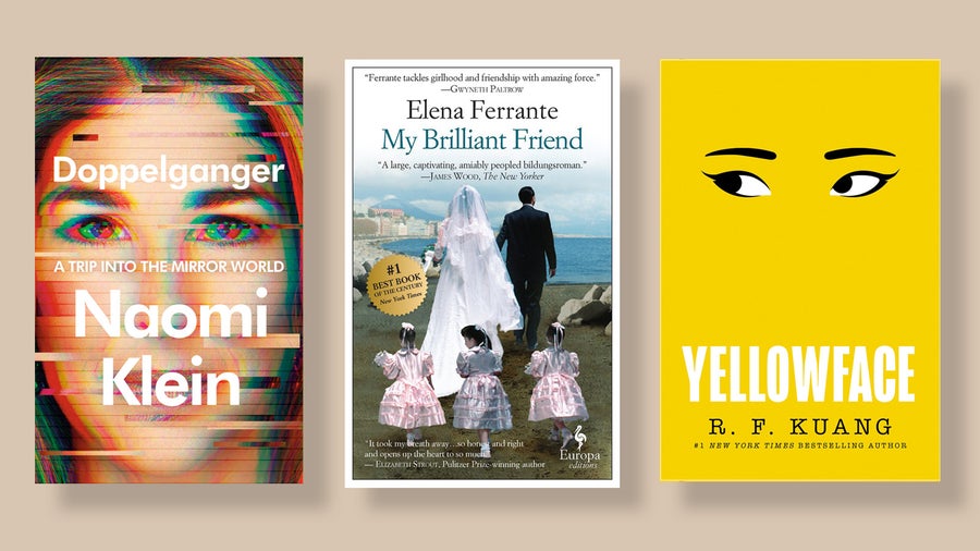 Covers of the books Doppelganger, My Brilliant Friend and Yellowface